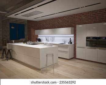 Contemporary Steel Kitchen In Converted Industrial Loft. 3d Rendering