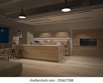 Contemporary Steel Kitchen In Converted Industrial Loft. 3d Rendering