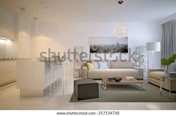 Contemporary studio
apartments. Spacious solution for interior of living room studio in
white color. 3D
render