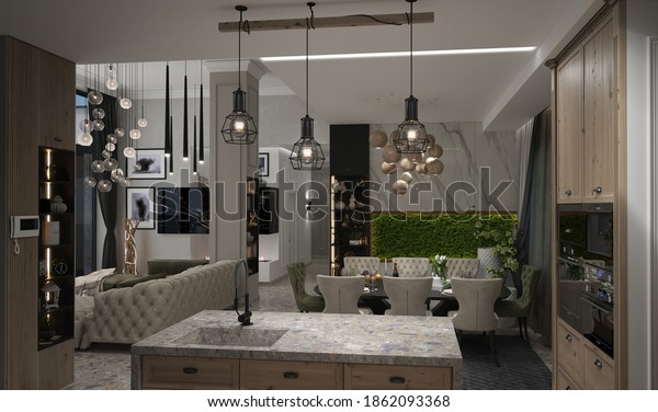 Contemporary style living room arranging and\
apartments layout, 3D\
illustration