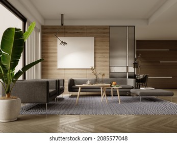 Contemporary Style Living Room Evening Interior With Wood Panel Wall With Picture And Fashionable Furniture. 3D Rendering.