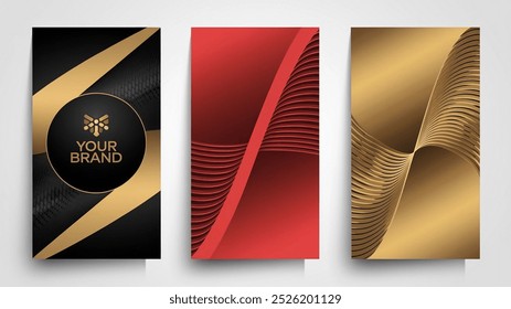 Contemporary technology cover design set. Luxury black background with white, red, gold line pattern (guilloche curves). Premium golden vector tech backdrop for business template, digital certificate - Powered by Shutterstock