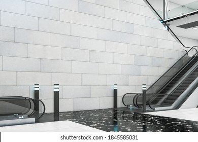 Contemporary Train Station Interior With Escalator And Empty Copyspace On Concrete Wall. Mock Up, 3D Rendering