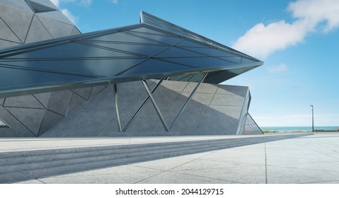 Contemporary Triangle Shape Design Modern Architecture Building Exterior With Glass, Concrete And Steel Element. Noon Scene. Photorealistic 3D Rendering.