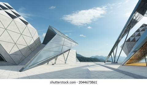 Contemporary triangle shape design modern Architecture building exterior with glass, concrete and steel element. Noon scene. Photorealistic 3D rendering.