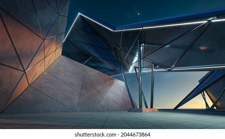 Contemporary Triangle Shape Design Modern Architecture Building Exterior. Night Scene. Photorealistic 3D Rendering.