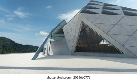 Contemporary triangle shape design modern Architecture building exterior with glass, concrete and steel element. Noon scene. Photorealistic 3D rendering.