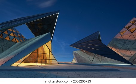 Moderne Dreieck-Form Design moderne Architektur Gebäude Außenfassade mit Glas, Beton und Stahl Element. Nachtszene. Fotorealistische 3D-Darstellung.