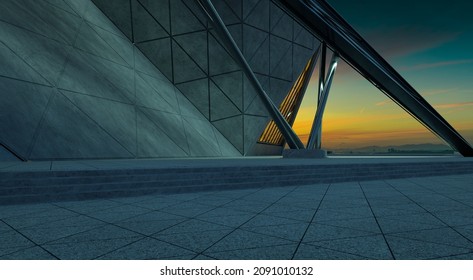 Contemporary Triangle Shape Design Modern Architecture Building Exterior With Glass, Concrete And Steel Element. Night Scene. Photorealistic 3D Rendering.