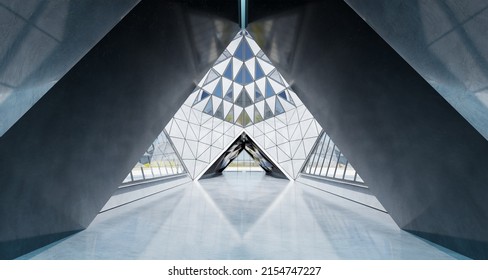 Contemporary Triangle Shape Design Modern Architecture Building Interior With Glass, Concrete And Steel Element. 3D Rendering.