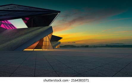 Contemporary Triangle Shape Design Modern Architecture Building Exterior With Glass, Concrete And Steel Element. Night Scene. Photorealistic 3D Rendering.