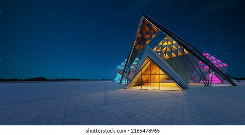 Contemporary Triangle Shape Design Modern Architecture Building Exterior With Glass, Concrete And Steel Element. Night Scene. Photorealistic 3D Rendering.