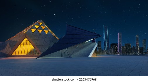 Contemporary Triangle Shape Design Modern Architecture Building Exterior With Glass, Concrete And Steel Element. Night Scene. Photorealistic 3D Rendering.