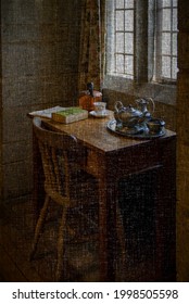 Contemporary View Of A Small Study Area With An Old Wooden Table Book And Victorian Pewter Tea Set Textured Canvas Digital Art Oil Painting