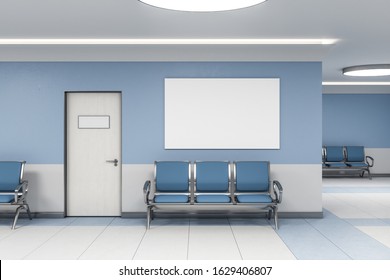 Contemporary Waiting Room In Blue Medical Office Interior With Chairs And Blank Poster On Wall. Medical And Healthcare Concept. 3D Rendering