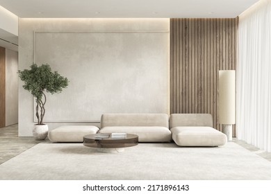Contemporary White Beige Interior With Wall Panel, Sofa And Decor. 3d Render Illustration Mockup.