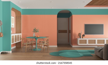 Contemporary wooden dining and living room in turquoise and orange tones, table with chairs, sliding door. Television cabinet, parquet and cane ceiling. Cloth hanger. Interior design, 3d illustration