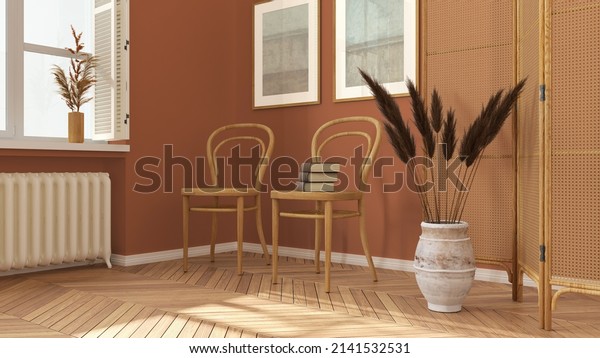 Contemporary wooden living room in orange\
tones, lounge, waiting room with rattan chair and booth.\
Herringbone parquet floor, window with shutters and decors. Modern\
interior design, 3d\
illustration