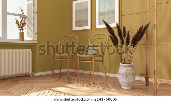 Contemporary wooden living room in yellow\
tones, lounge, waiting room with rattan chair and booth.\
Herringbone parquet floor, window with shutters and decors. Modern\
interior design, 3d\
illustration