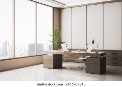 Contemporary wooden office interior with window and city view. 3D Rendering