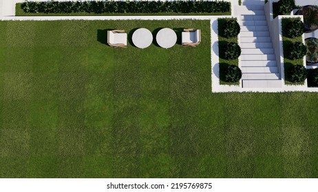 Contemporary Wooden Sitting Area On Great Lawn, 3d Illustration, Backyard Design, London, 2023