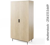 Contemporary wooden wardrobe featuring a light oak finish, grooved front design, two doors with black metal handles, and slender metal legs. Isolated on white background. 3d render.