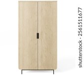 Contemporary wooden wardrobe featuring a light oak finish, grooved front design, two doors with black metal handles, and slender metal legs. Isolated on white background. Front view. 3d render.