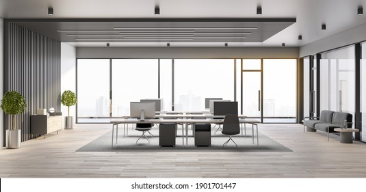 Contemporary workplace with computers on table and panoramic city view. Workplace and corporate concept. Mock up. 3D Rendering