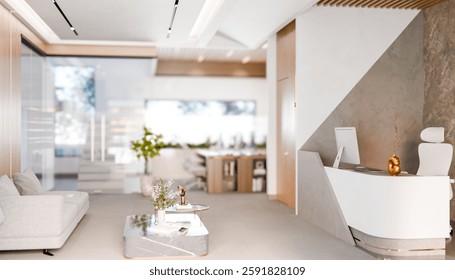 Contemporary workspace featuring reception desk, stylish furniture, natural light, open layout, minimalist decor, bright area, functional and tidy setting, inviting atmosphere, 3d rendering