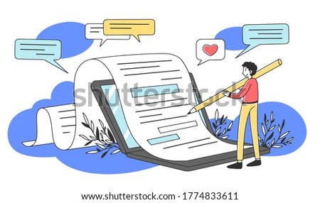 Content author writing creative article flat illustration. Writer typing text for internet blog via laptop. SEO, marketing and online business concept