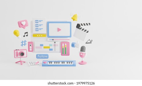 Content creator vlogger blogger influence creative media production videomaking sound live streaming camera microphone podcast social media networks studio like subscribe follow 3d rendering.