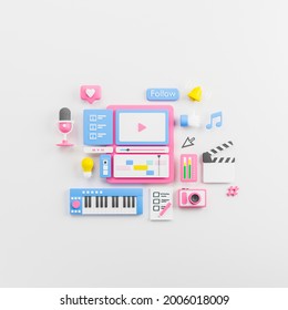 Content creator vlogger blogger influence creative media production videomaking sound live streaming camera microphone podcast social media networks studio like subscribe follow 3d rendering.