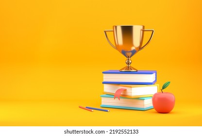 Contest Winner. Books Stack Apple Golden Trophy Award On Yellow Background. Competition Winner Prize. 3d Rendering.