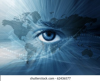 Continental  abstract wallpaper with world map and blue eye