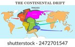 The Continental Drift map. Drift and formation of continents. Education illustration