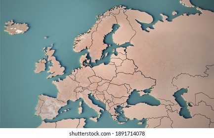 Continental Map Of Europe. Topography 3d Render World Map.