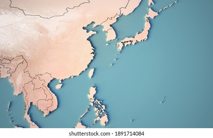 Continental map of Northeast asia. Topography 3d render world map.