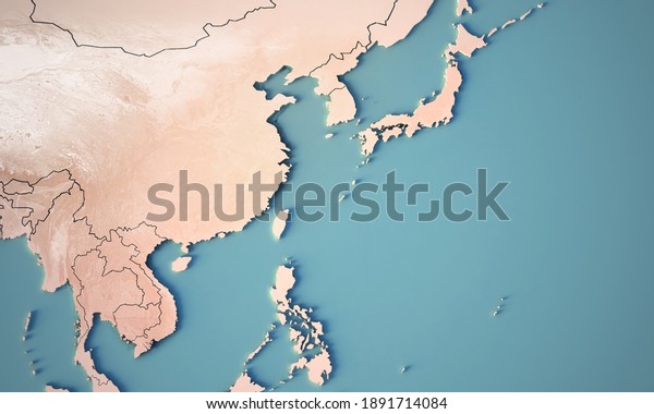 Continental map of Northeast asia. Topography 3d\
render world\
map.