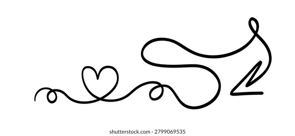 A continuous black line forms a heart shape transitioning into a flowing curve that culminates in an arrow pointing downwards and to the right