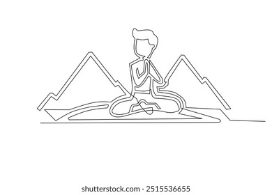 Continuous line art of a man practicing yoga in the mountains. The illustration emphasizes relaxation and mindfulness, perfect for wellness projects and mental health promotion. - Powered by Shutterstock