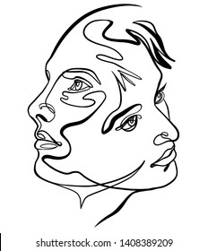 Continuous line drawing couple faces    two  man   woman minimalist concept
