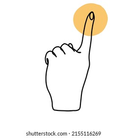 Continuous line drawing of hand. Pointing on the sky. Lineart. Modern simple and minimalistic hand drawn doddle sketch. With yellow spot