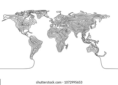 Continuous Line Drawing Of A World Map, Single Line Flat Earth Concept, Template Or Icon