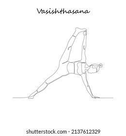 Continuous Line Drawing. Young Woman Making Yoga Exercise, Silhouette Picture. Oneline Drawn Black And White Illustration. Vasishthasana