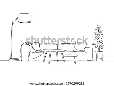 Continuous line interior with sofa, plant and lamp. One line drawing of Living room with modern furniture. Single line drawing of furniture.