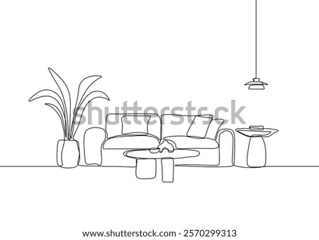 Continuous line interior with sofa, plant and lamp. One line drawing of Living room with modern furniture. Single line drawing of furniture.