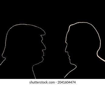 A continuous lines drawing the two american presidents Joe Biden and Donald Trump. A clip art illustration of two american presidents
