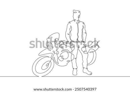 Continuous one line drawing biker standing by his motorcycle. Motorcyclist by his bike. Motorcycle racing driver. One continuous line isolated minimal illustration.