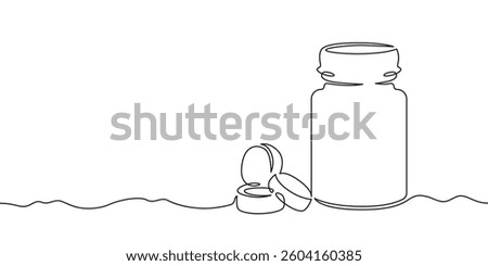 Continuous one line drawing bottle with pills.Medicine.Medical symbol.One continuous line isolated minimal illustration.Not AI.