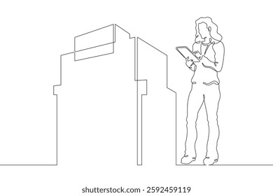 Continuous one line drawing IT engineer and server. Engineer services network equipment. Computer technician with tablet.
One continuous line isolated minimal illustration.Not AI.